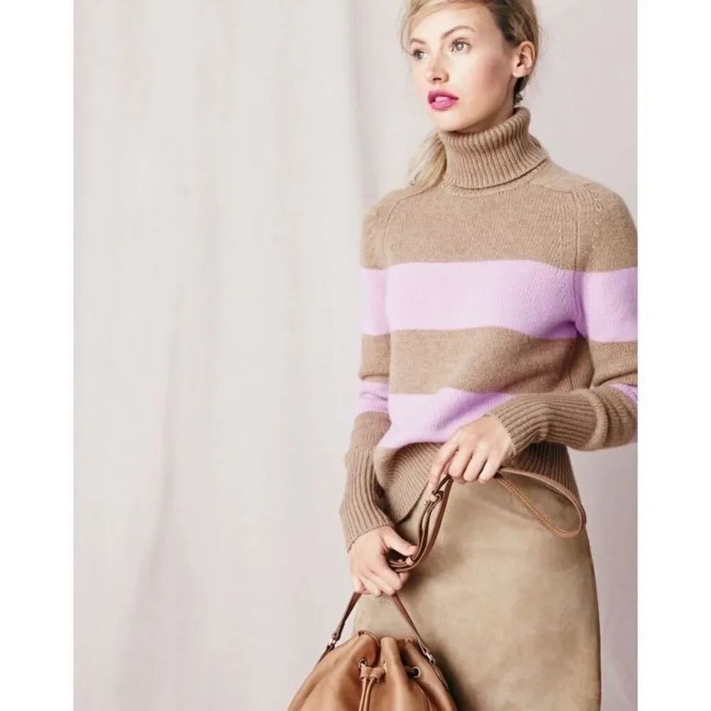 J.Crew Collection Italian cashmere ribbed turtleneck stripes pink tan women’s si